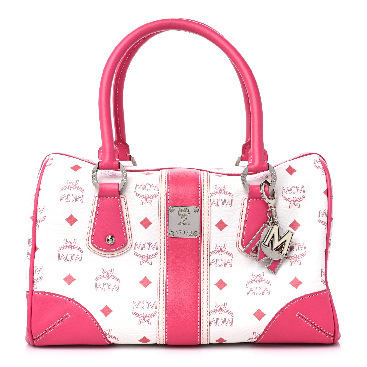 MCM Visetos Medium Boston Bag Pink White 1 of 15