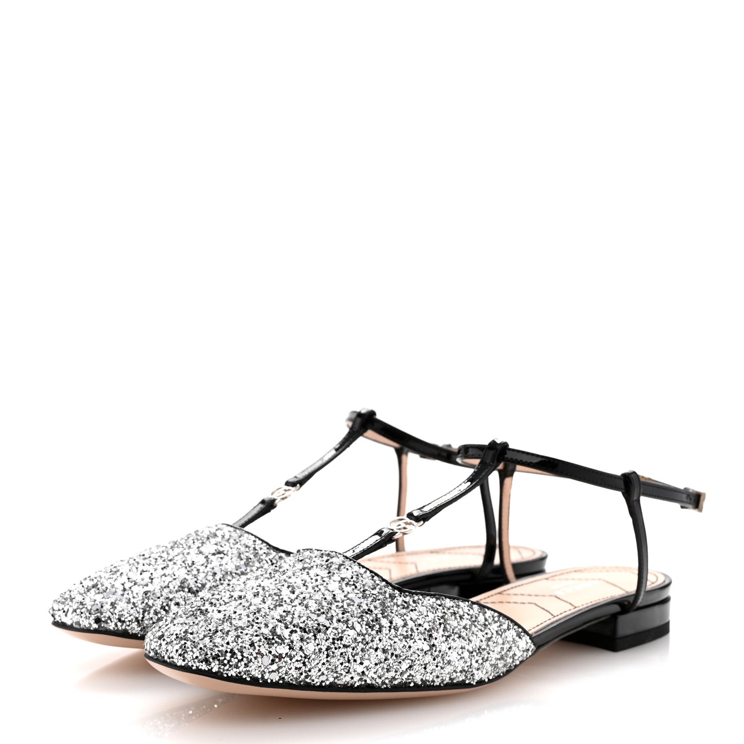 Calfskin Glitter Double G Slingback Flats 37.5 Silver Black