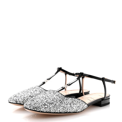 Gucci Calfskin Glitter Double G Slingback Flats 37.5 Silver Black 4 of 9