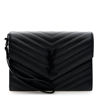 Saint Laurent Grain De Poudre Matelasse Chevron Monogram Monochrome Envelope Clutch Black 1 of 7