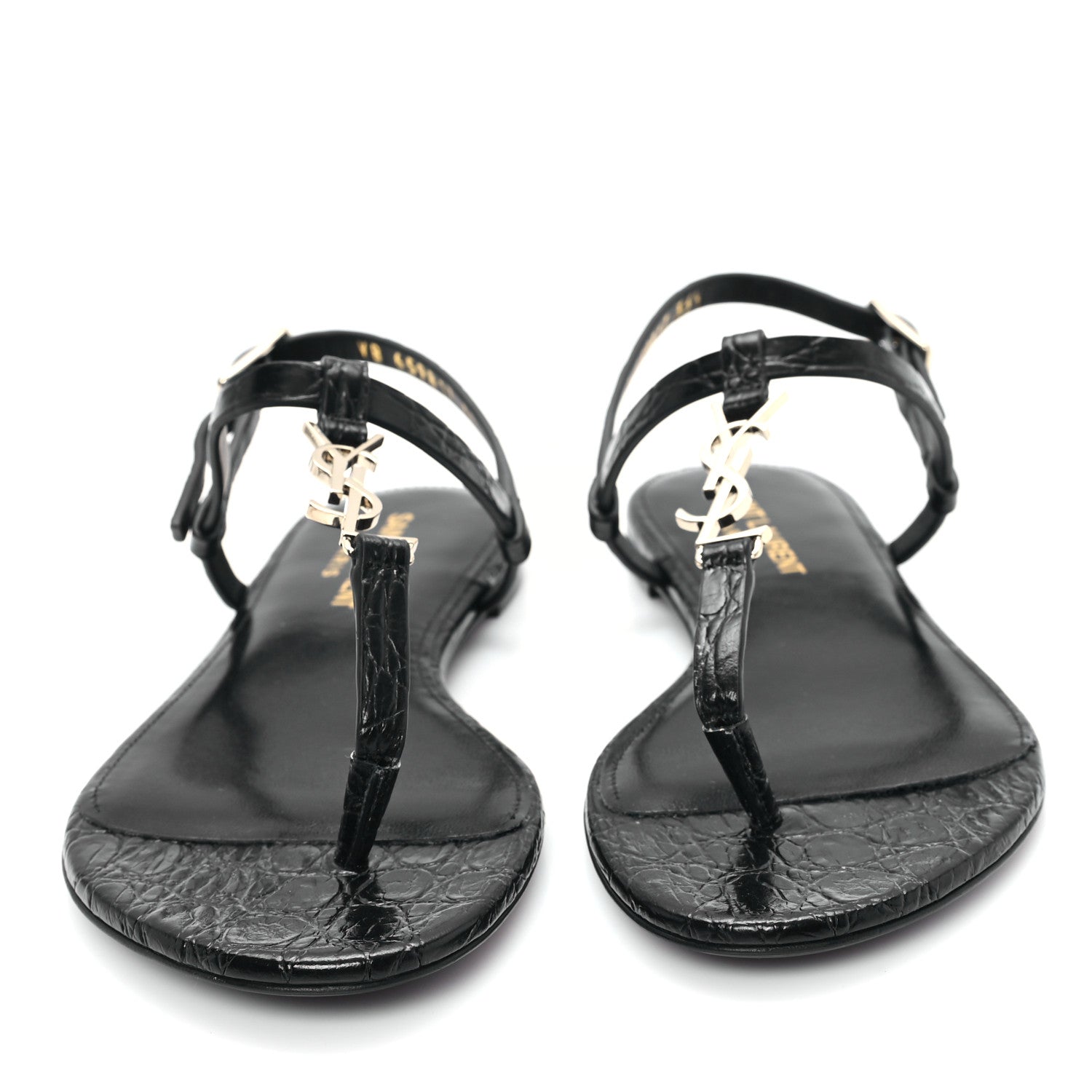 Saint Laurent Calfskin Crocodile Embossed Cassandra Monogram Sandals 35.5 Black 3 of 11