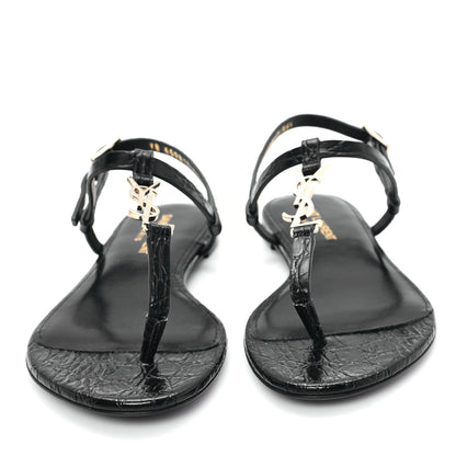 Saint Laurent Calfskin Crocodile Embossed Cassandra Monogram Sandals 35.5 Black 3 of 11