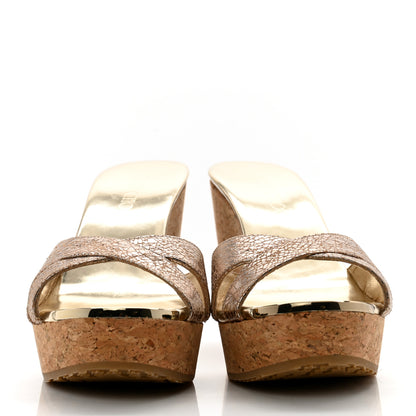 Jimmy Choo Metallic Grained Calfskin Cork Pandora Wedges 37 Nude 2 of 8