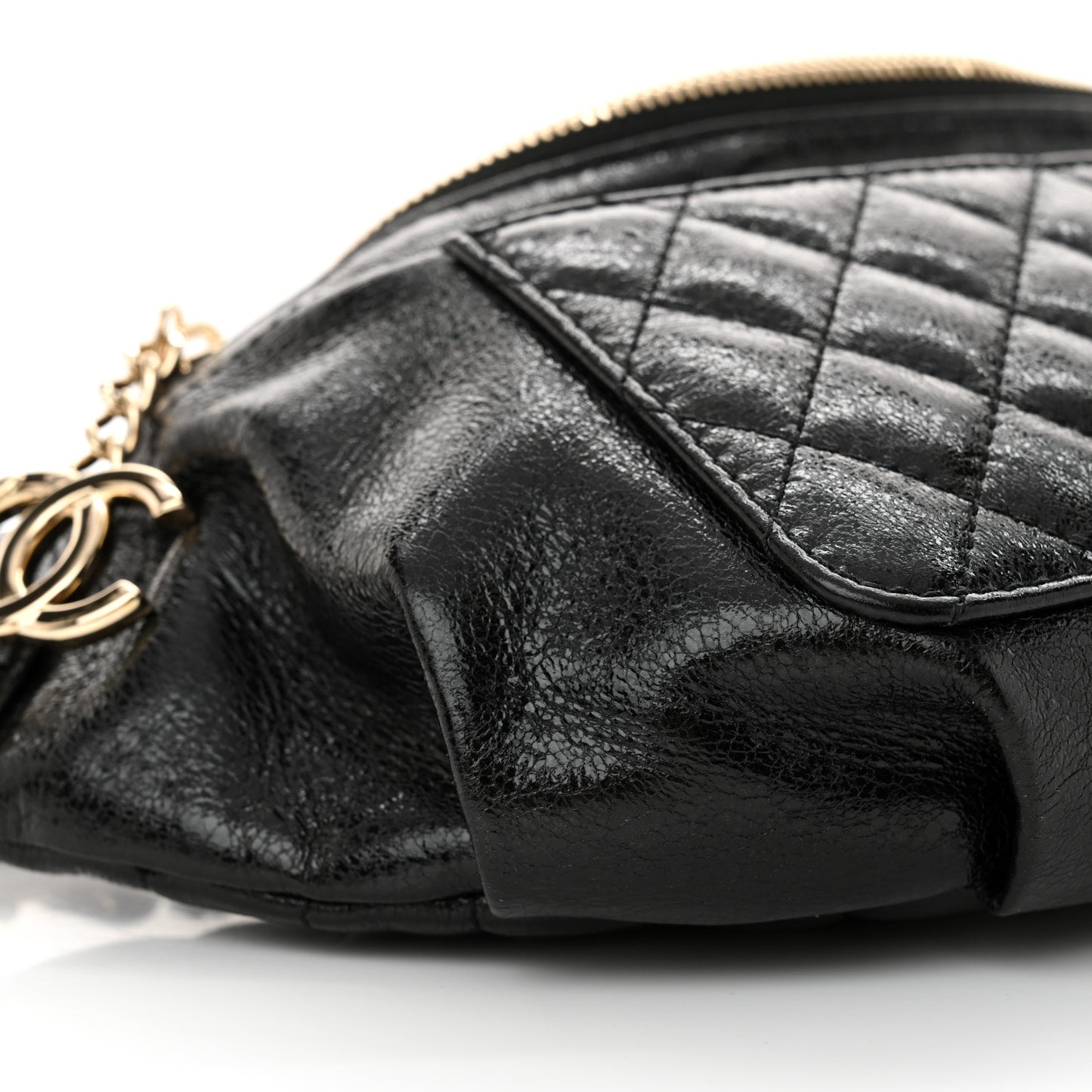 Crumpled Glazed Lambskin Quilted Waist Bag Fanny Pack Black