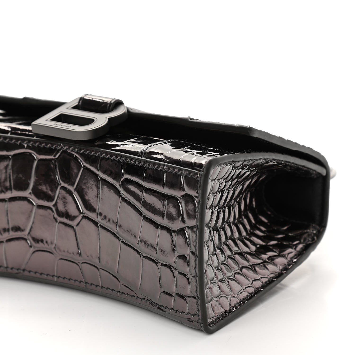 Balenciaga Shiny Calfskin Crocodile Embossed Hourglass Top Handle Bag XS Gunmetal 9 of 9