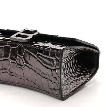 Balenciaga Shiny Calfskin Crocodile Embossed Hourglass Top Handle Bag XS Gunmetal 9 of 9