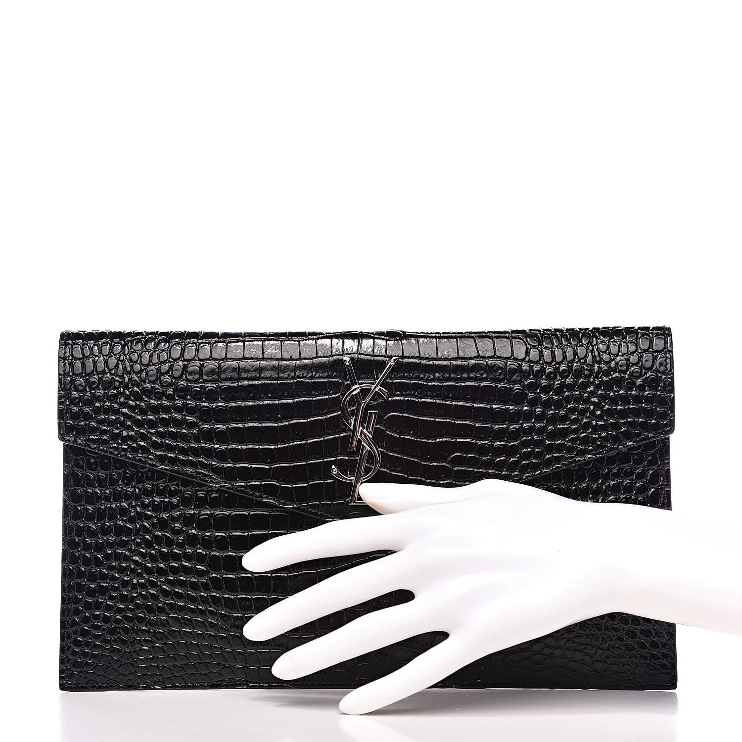 Saint Laurent Calfskin Crocodile Embossed Uptown Monogram Clutch Black 2 of 7