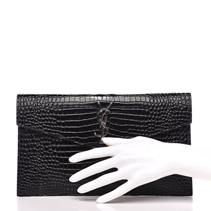 Saint Laurent Calfskin Crocodile Embossed Uptown Monogram Clutch Black 2 of 7