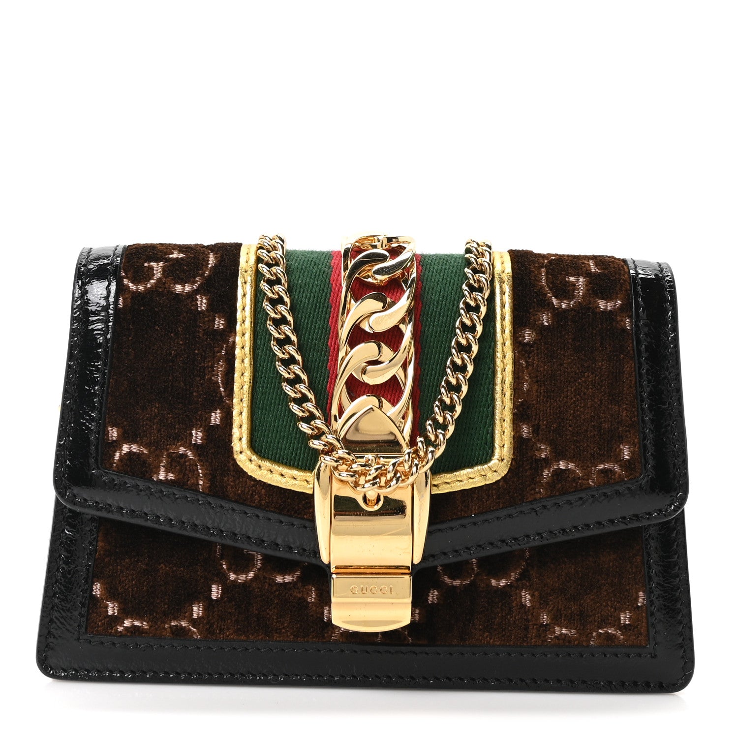 Gucci Velvet GG Monogram Web Super Mini Sylvie Chain Shoulder Bag Brown Black Oro Vecchio 1 of 10