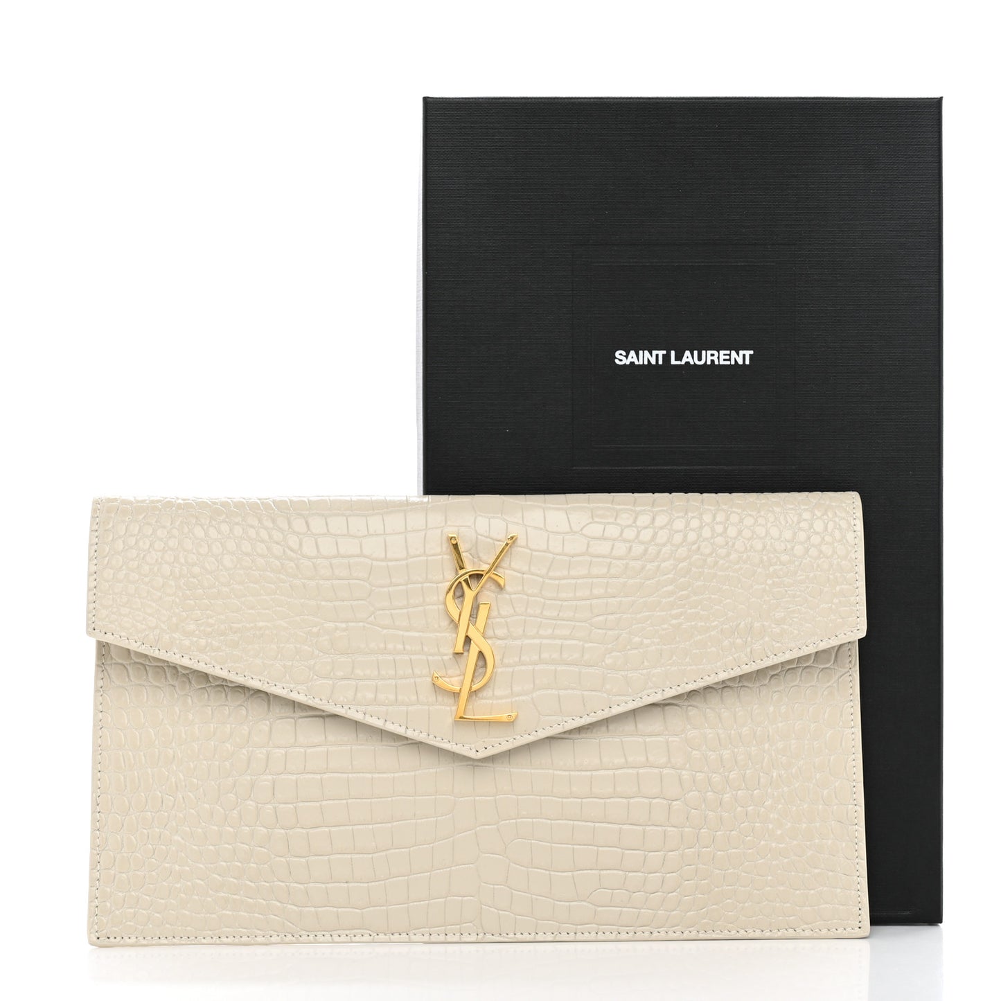 Calfskin Crocodile Embossed Uptown Monogram Pouch Crema Soft