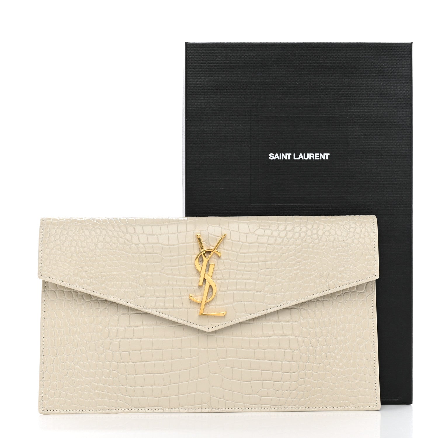 Saint Laurent Calfskin Crocodile Embossed Uptown Monogram Pouch Crema Soft 8 of 8
