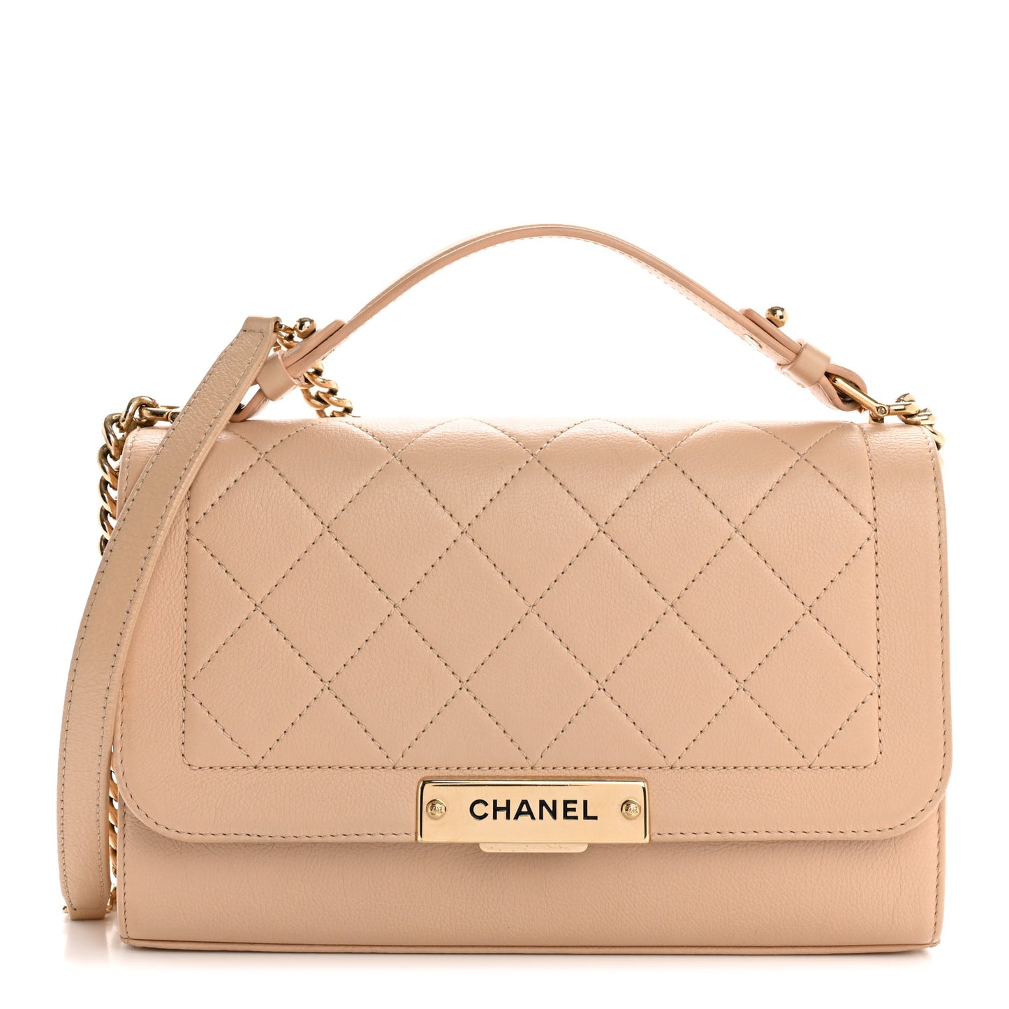 Grained Calfskin Quilted Medium Label Click Flap Bag Beige