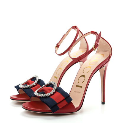 Gucci Nappa Crystal Web Ankle Strap High Heel Sandals 37.5 Hibiscus Red 3 of 8
