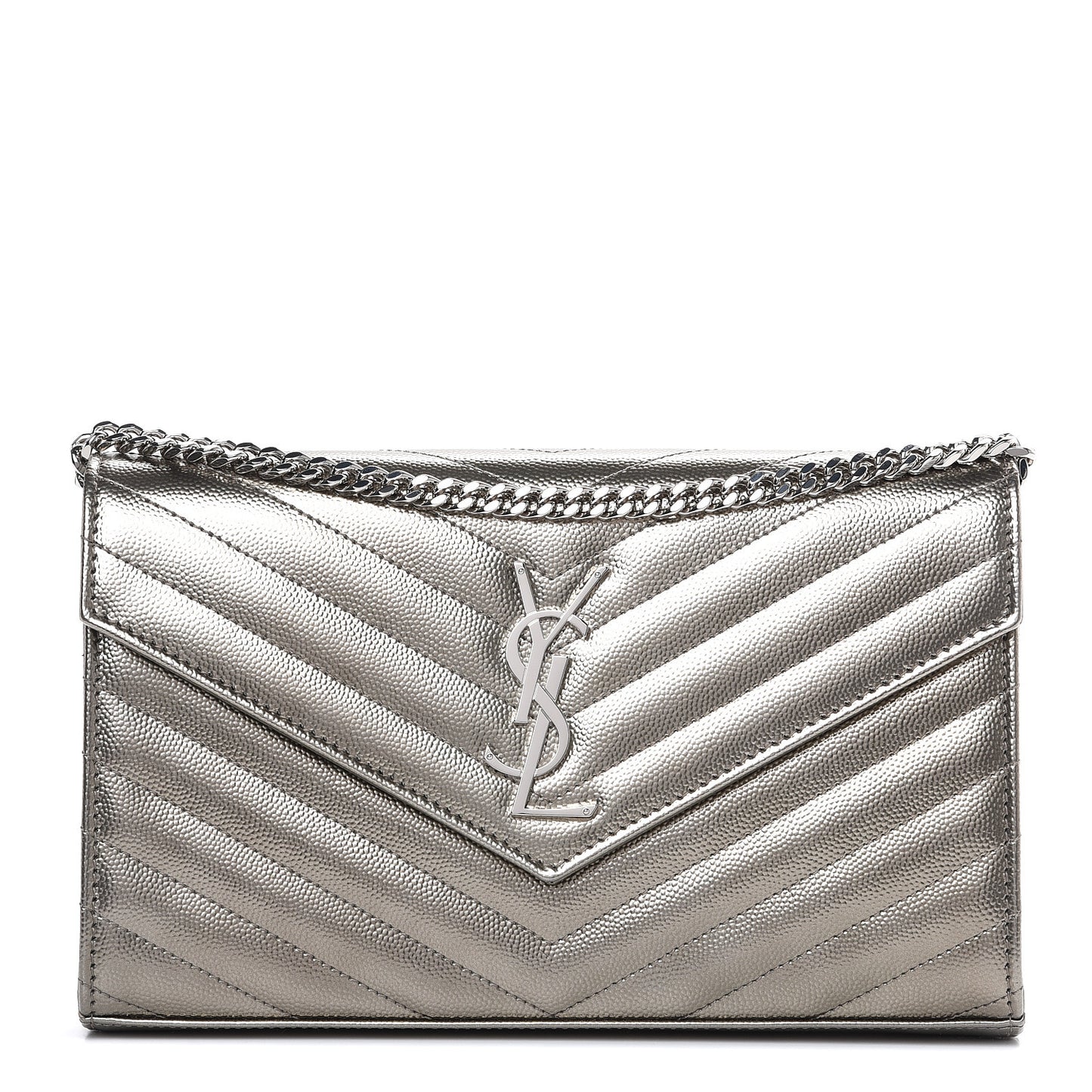 Metallic Grain De Poudre Matelasse Chevron Monogram Chain Wallet Piombo