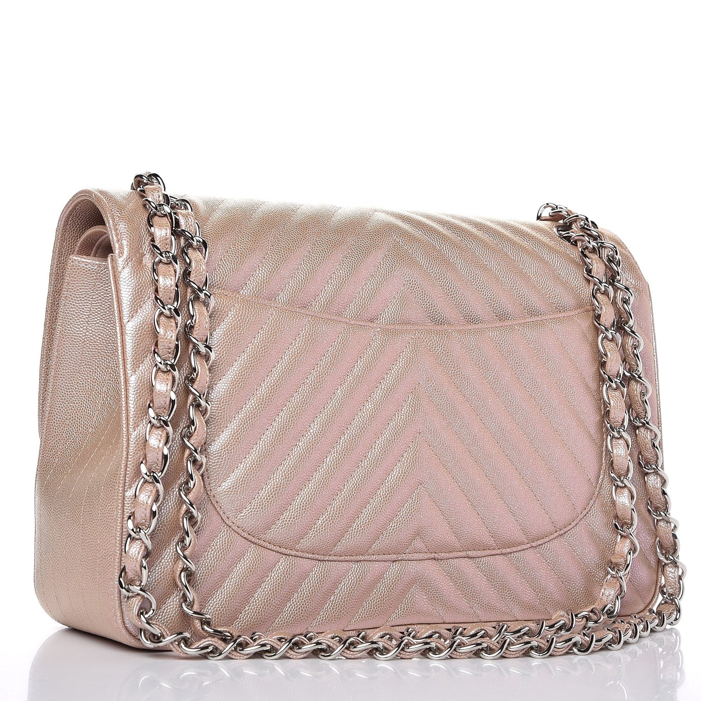 Metallic Caviar Chevron Quilted Jumbo Double Flap Light Gold
