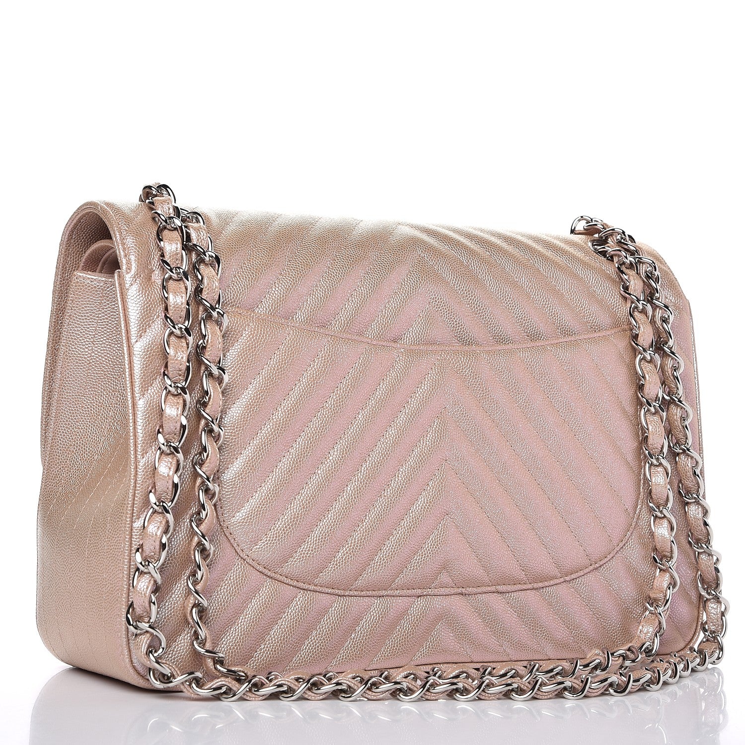 Chanel Metallic Caviar Chevron Quilted Jumbo Double Flap Light Gold 3 of 10