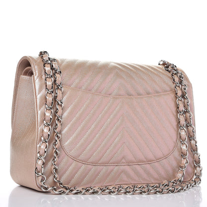 Chanel Metallic Caviar Chevron Quilted Jumbo Double Flap Light Gold 3 of 10