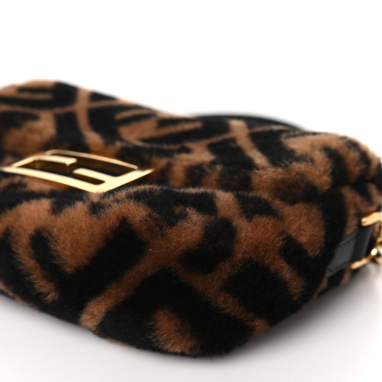 Fendi Shearling Vitello Dolce Macro FF 1974 Mini Baguette Tobacco Black 10 of 11