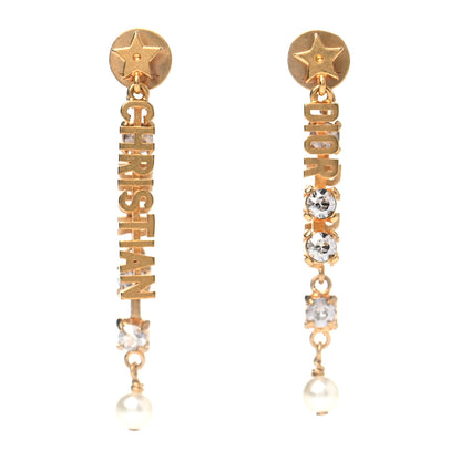 Christian Dior Crystal Pearl Logo Dangle Earrings Gold 1 of 4