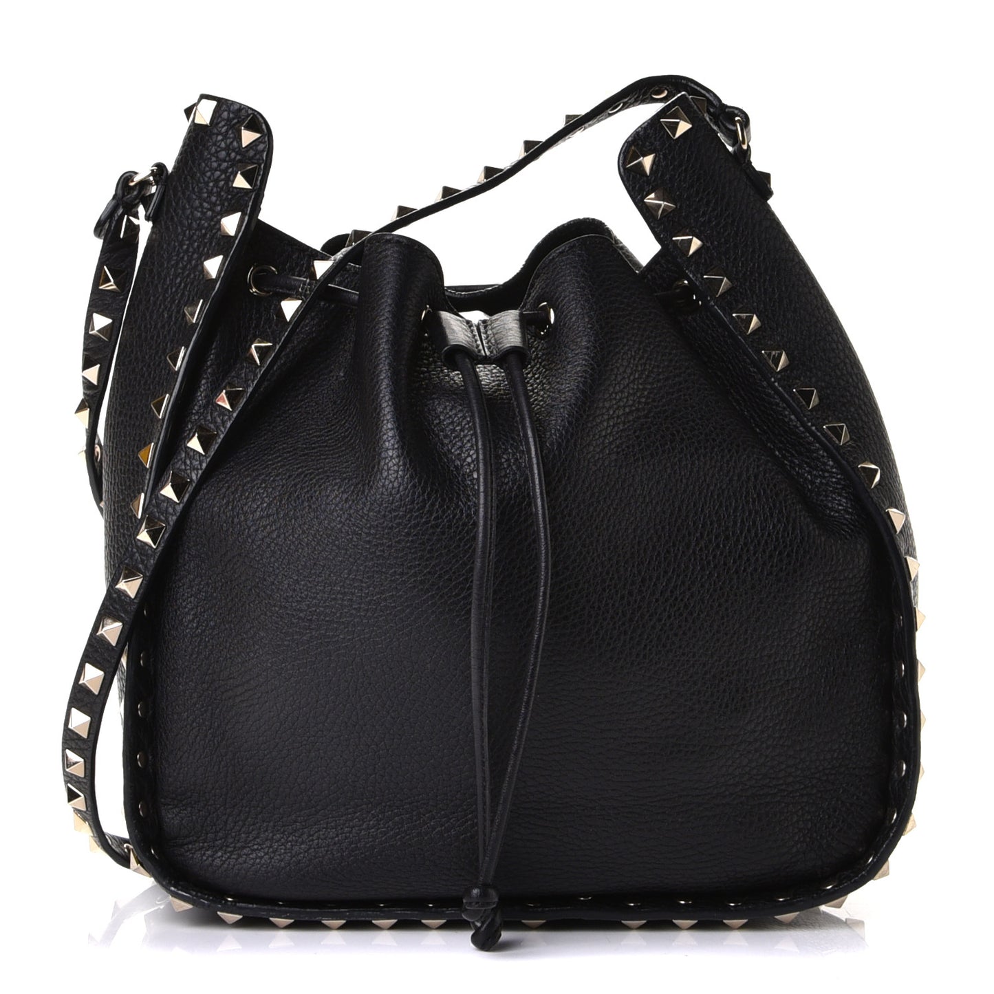 Grained Calfskin Rockstud Bucket Bag Black