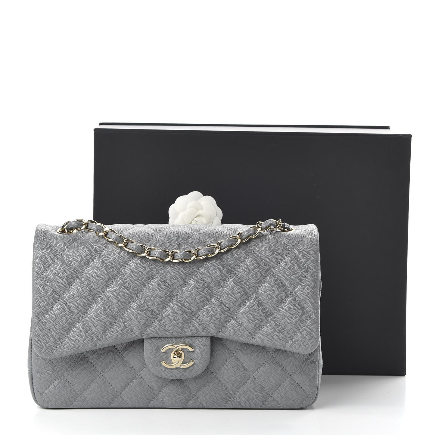 Caviar Quilted Jumbo Double Flap Grey