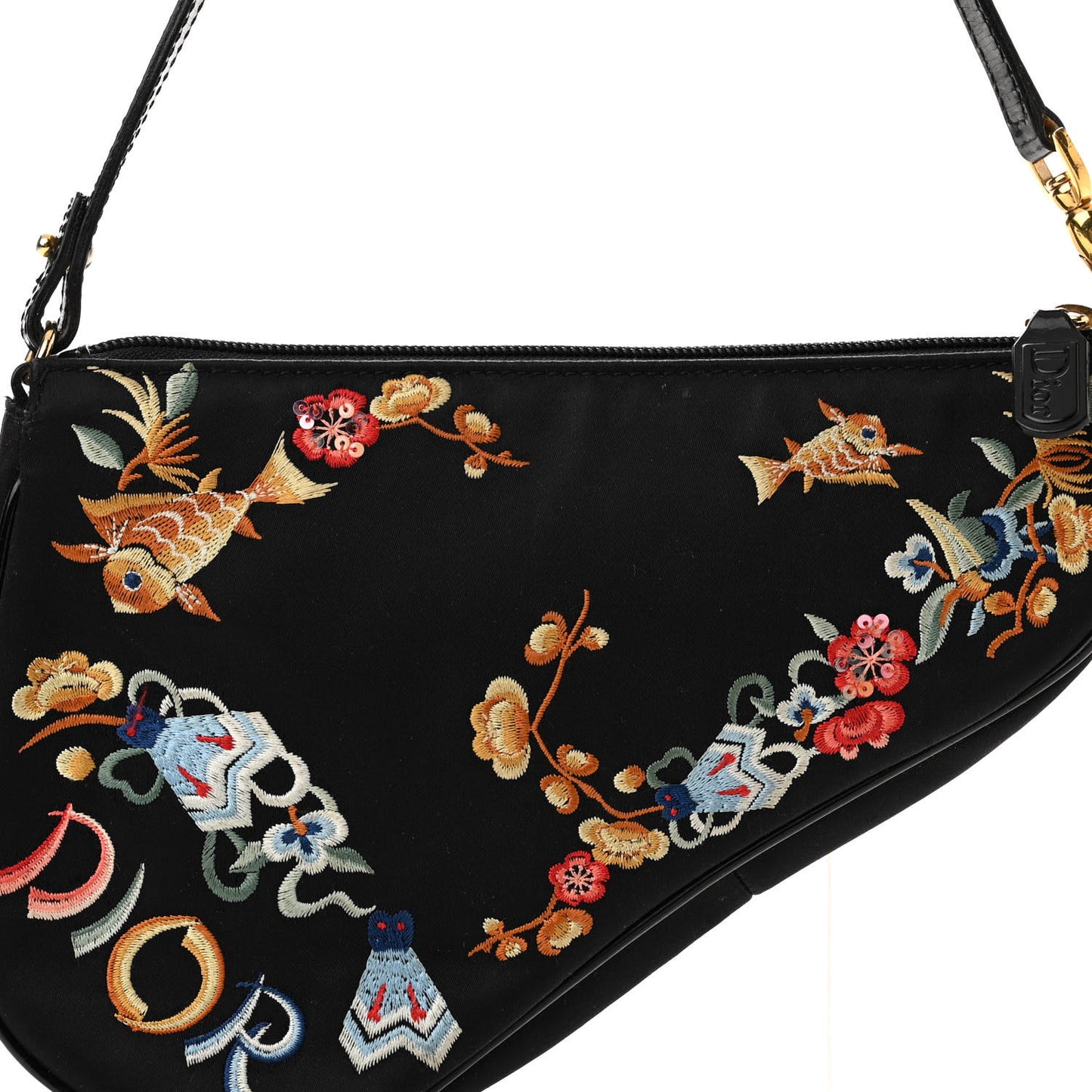 Satin Embroidered Koi Saddle Bag Black