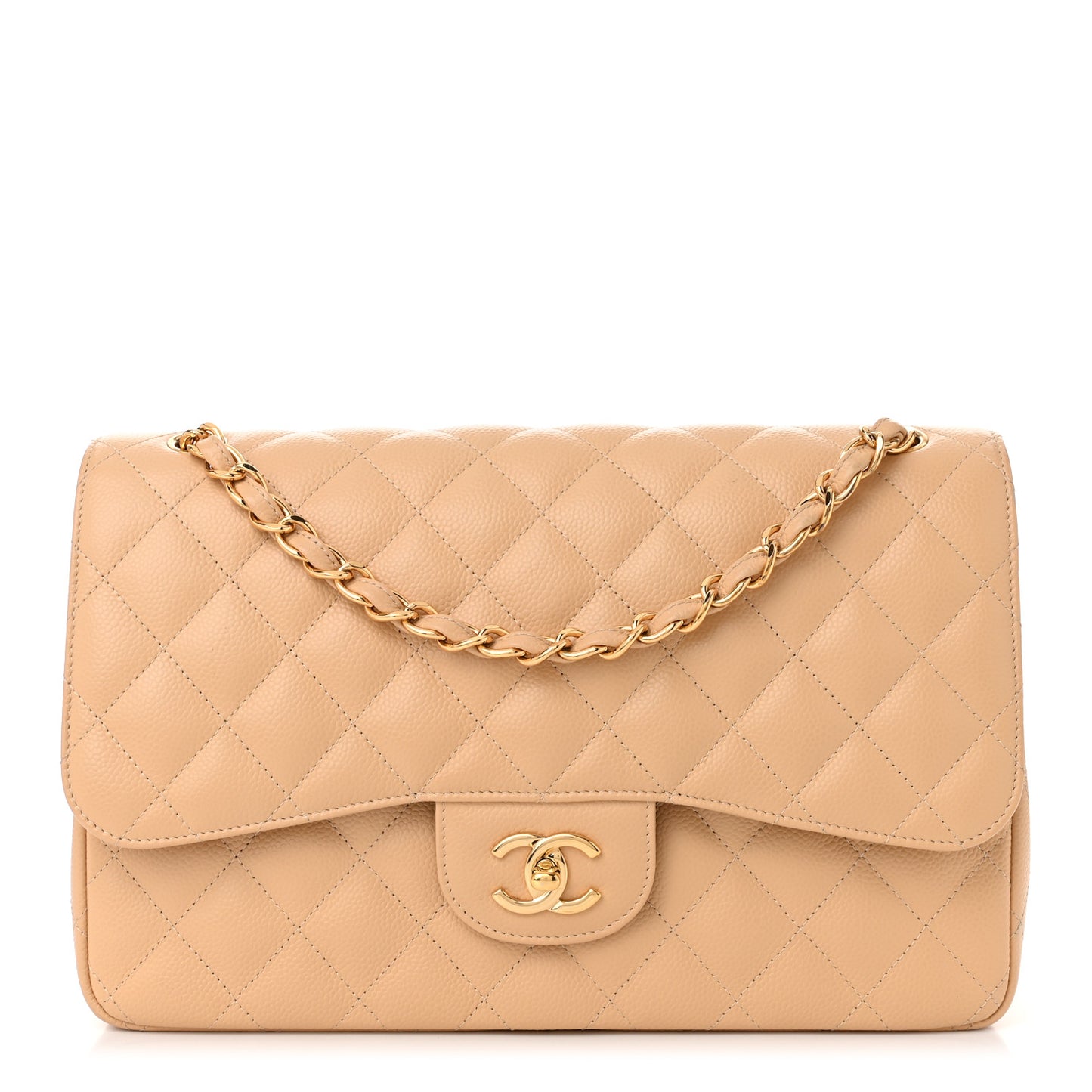 Caviar Quilted Jumbo Double Flap Beige Clair