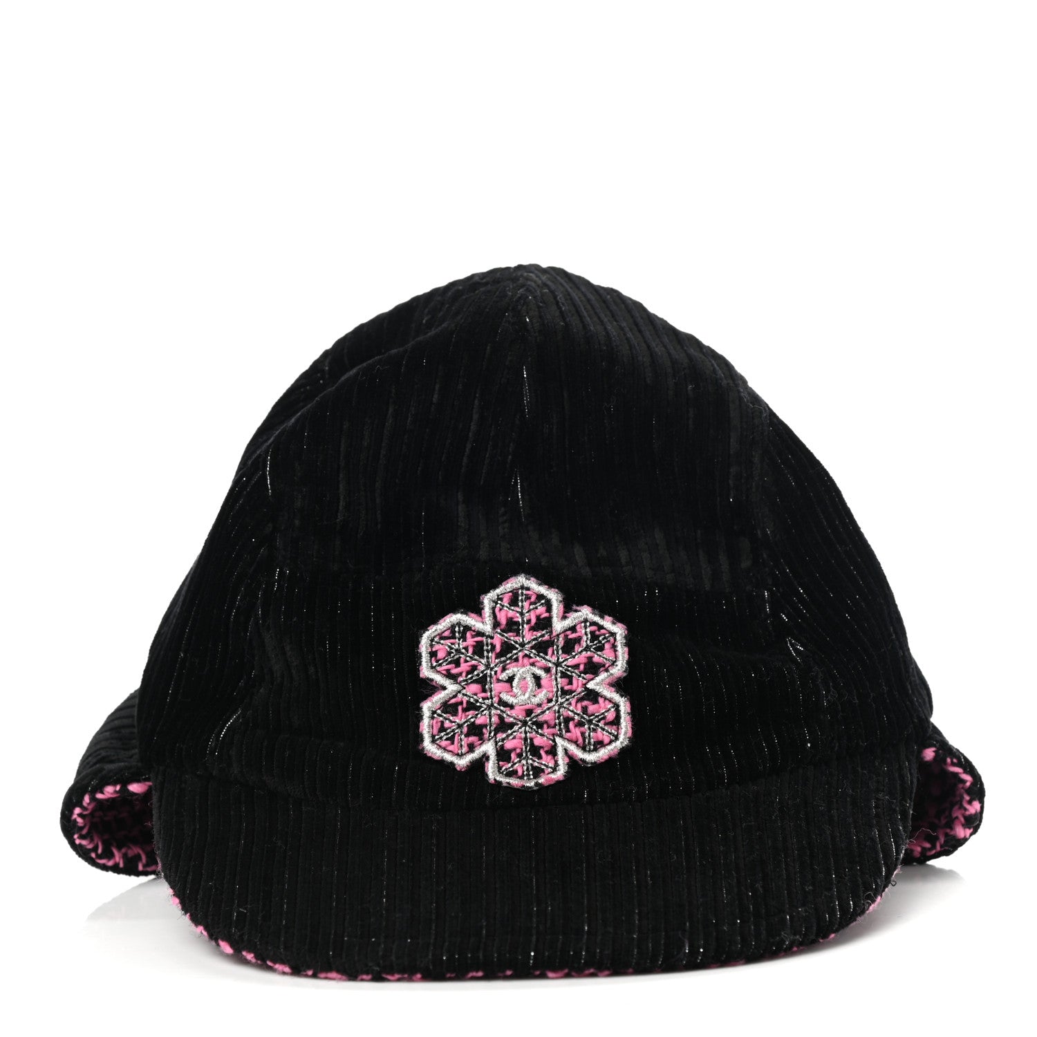 Chanel Cotton Tweed CC Snowflake Cap Hat M Pink Black 3 of 9