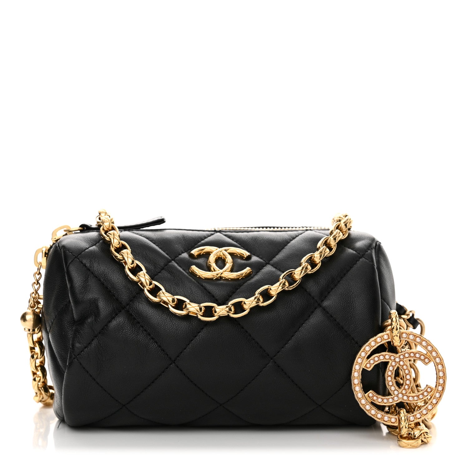 Chanel Lambskin Pearl Quilted CC Mini Bowling Bag Black 1 of 11