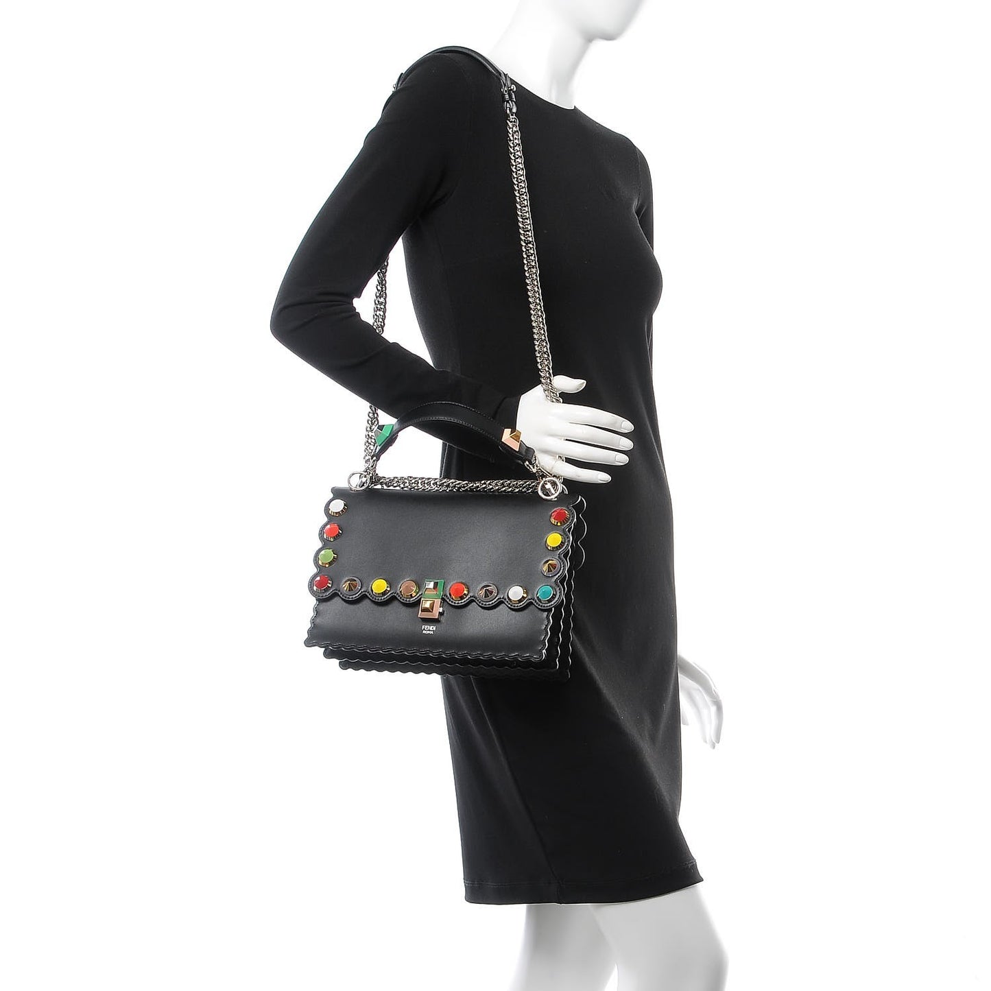 Vitello Liberty Scalloped Spike Studded Kan I Shoulder Bag Black Multicolor