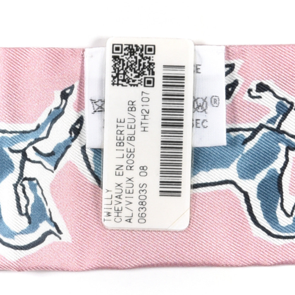 Hermes Silk Chevaux En Liberte Twilly Vieux Rose Bleu 4 of 4