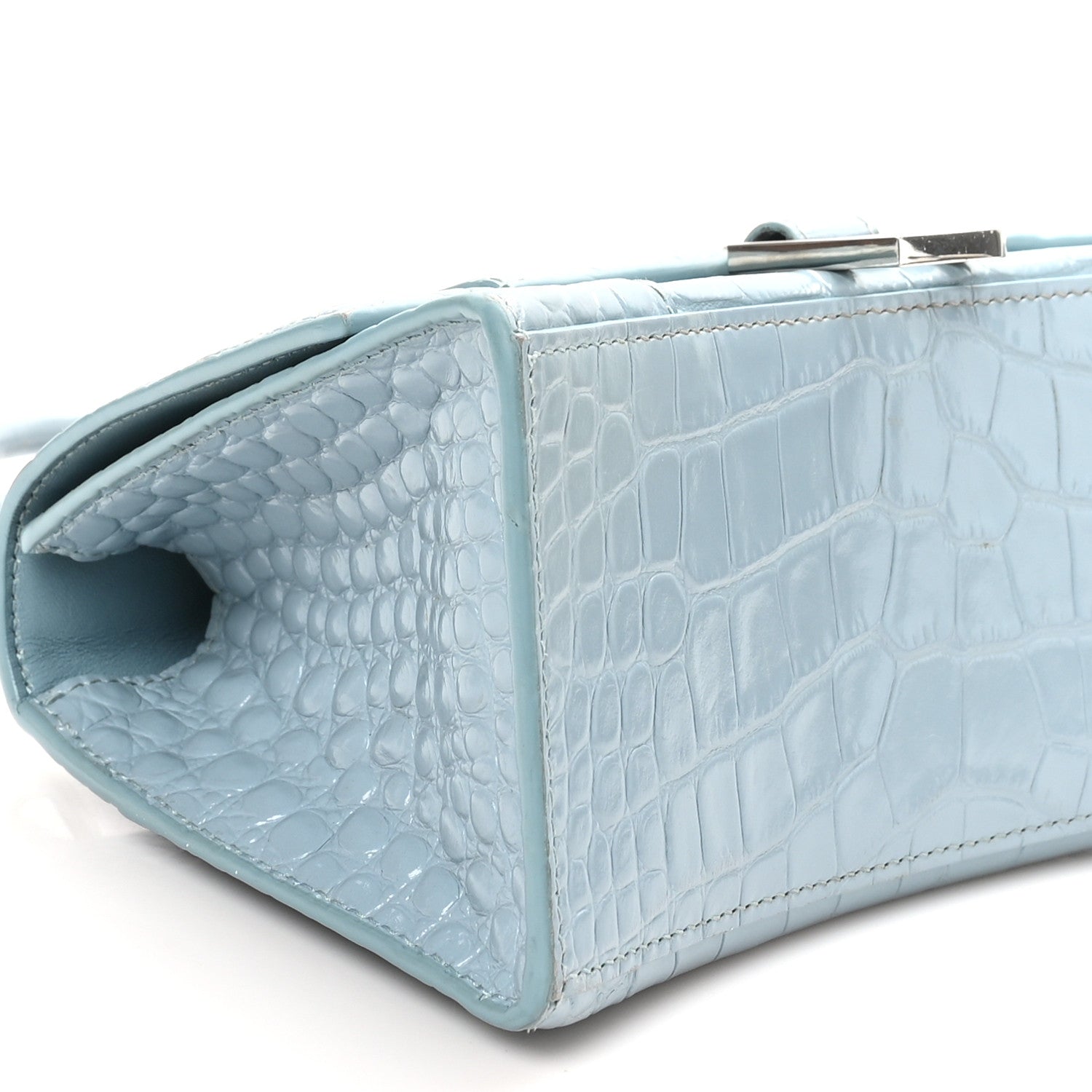Balenciaga Shiny Calfskin Crocodile Embossed Small Hourglass Top Handle Bag Blue Grey 9 of 11