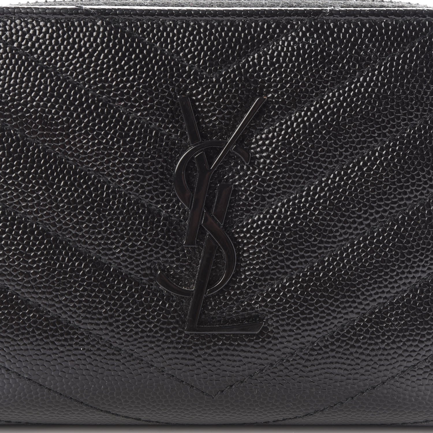 Saint Laurent Grain De Poudre Matelasse Chevron Monogram Compact Zip Around Wallet Black 9 of 10