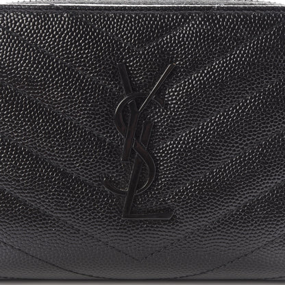 Saint Laurent Grain De Poudre Matelasse Chevron Monogram Compact Zip Around Wallet Black 9 of 10