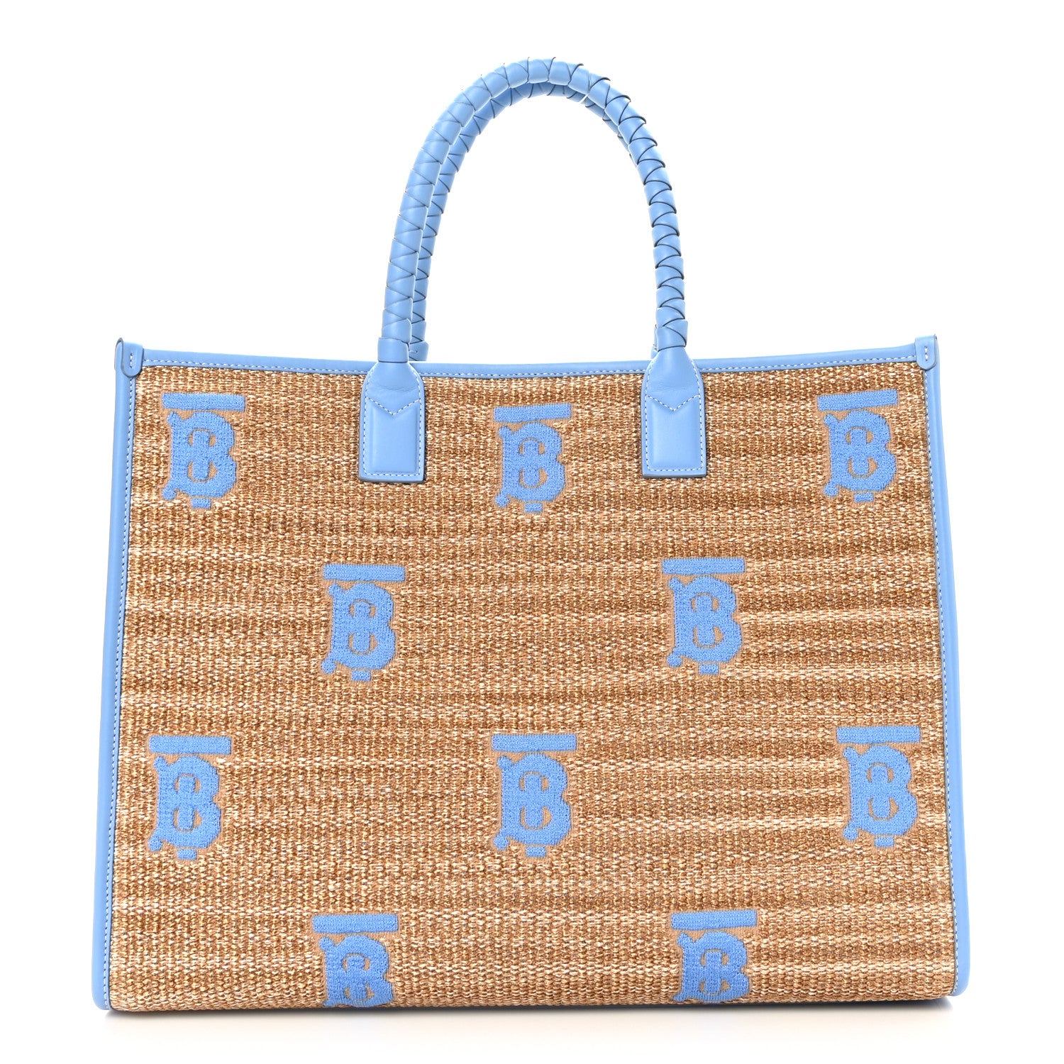 Burberry Raffia Calfskin Large Freya Tote Natural Cool Blue 1 of 8