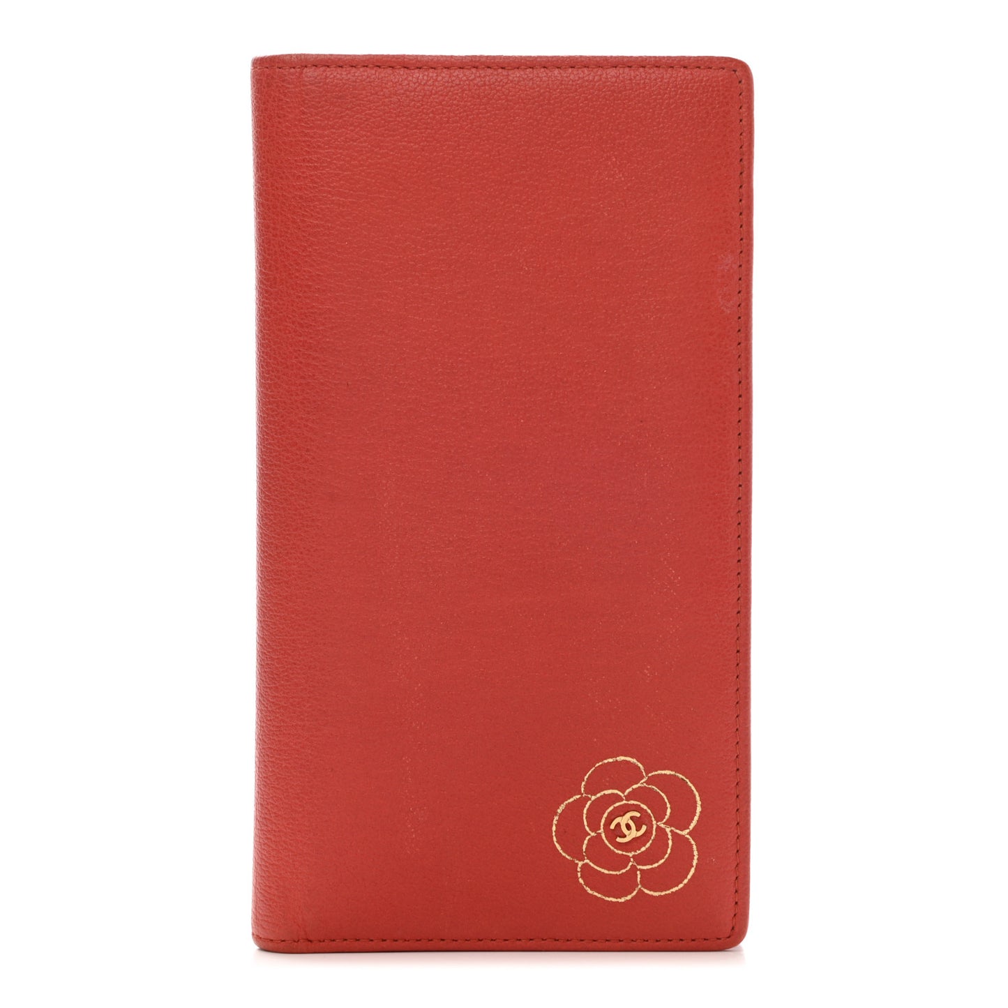 Goatskin Camellia Embossed Yen Wallet Red