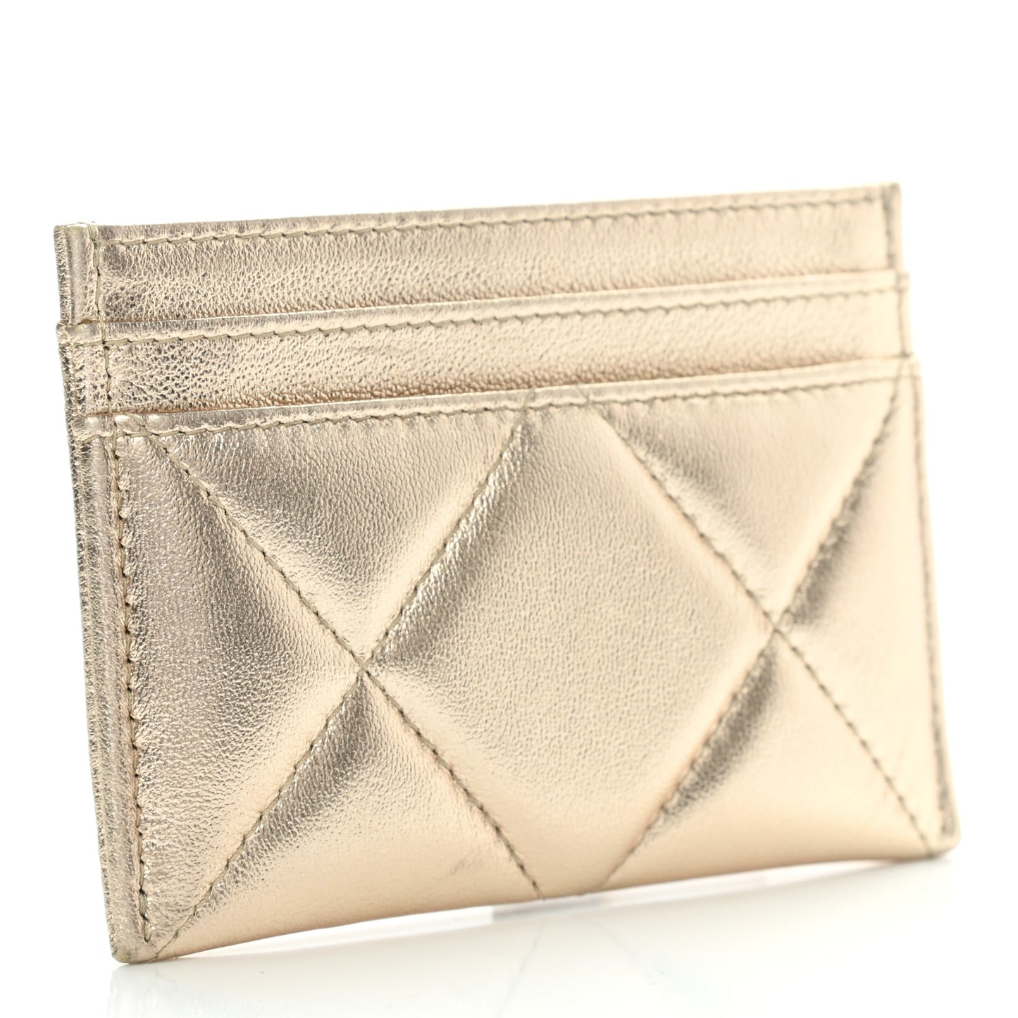 Metallic Goatskin Quilted Chanel 19 Card Holder Gold