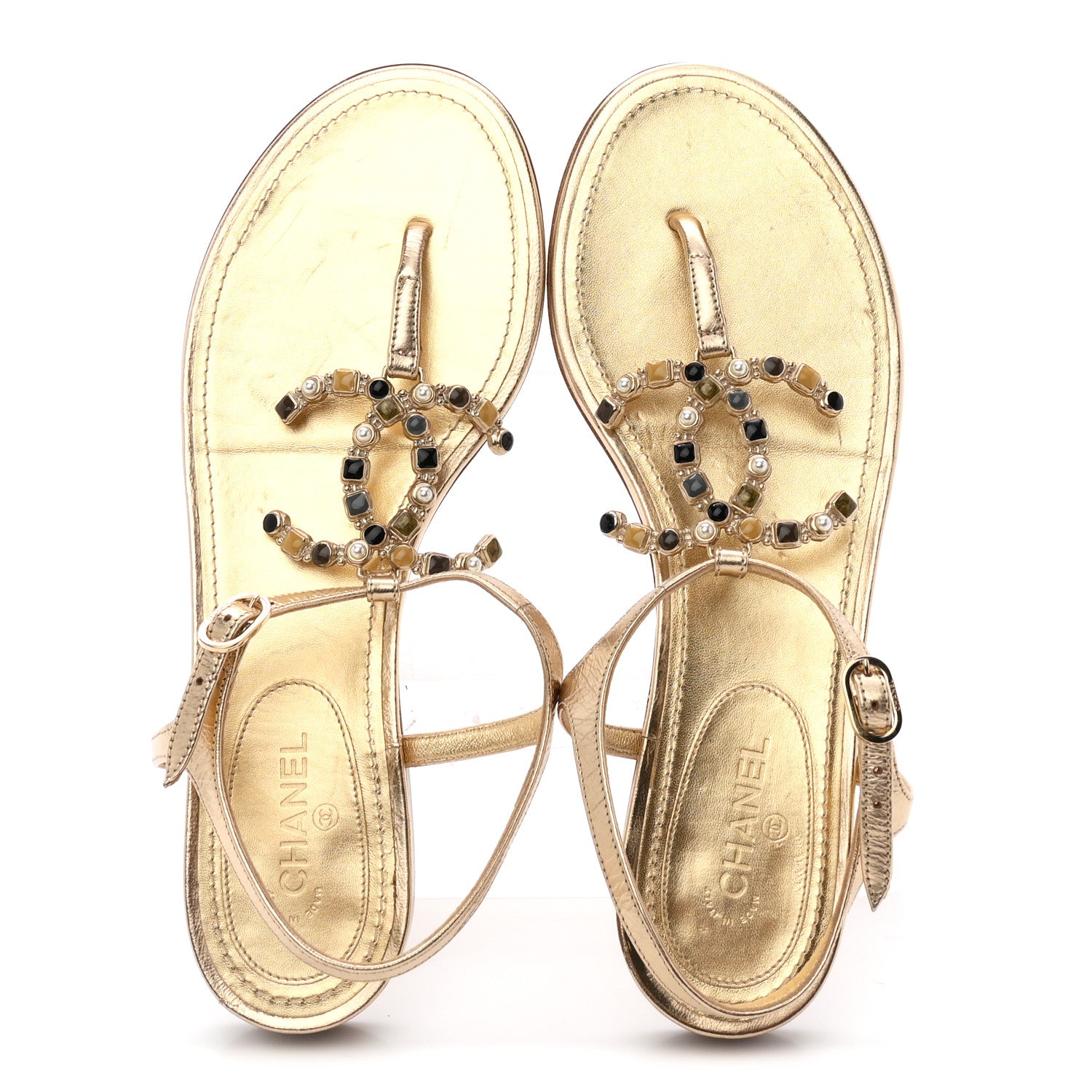 Chanel Metallized Lambskin CC Crystal Thong Sandals 38.5 Gold 2 of 9