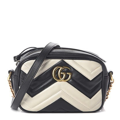 Gucci Calfskin Matelasse Mini GG Marmont Chain Shoulder Bag Black White 1 of 7