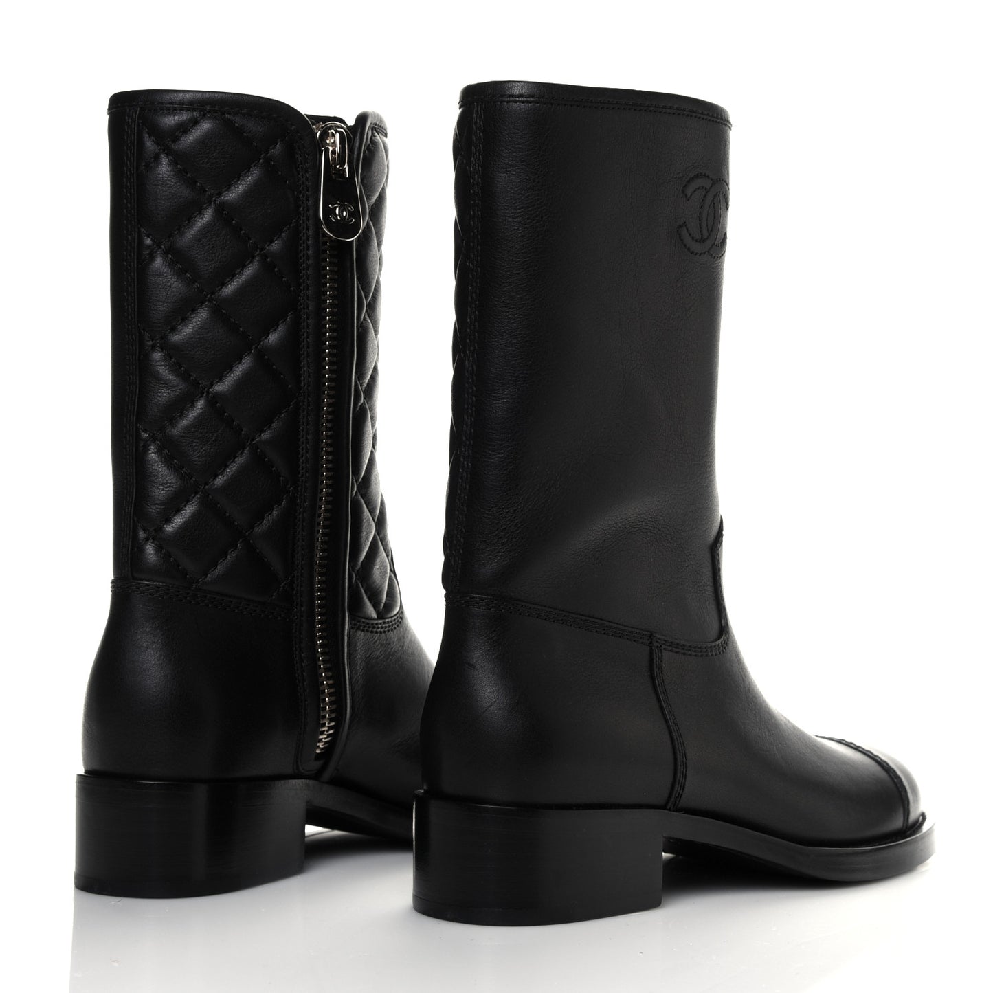Calfskin Quilted CC Logo Mid Calf Boots 36.5 Black