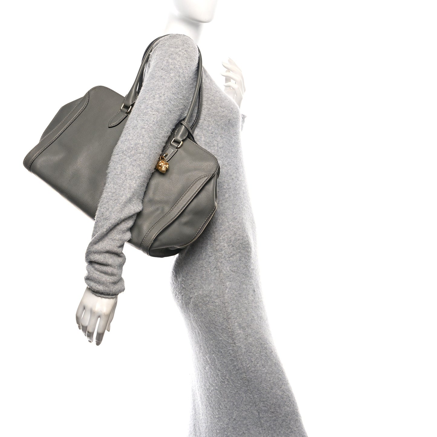 Pebbled Calfskin Large Skull Padlock Zip Around Tote Dark Grey