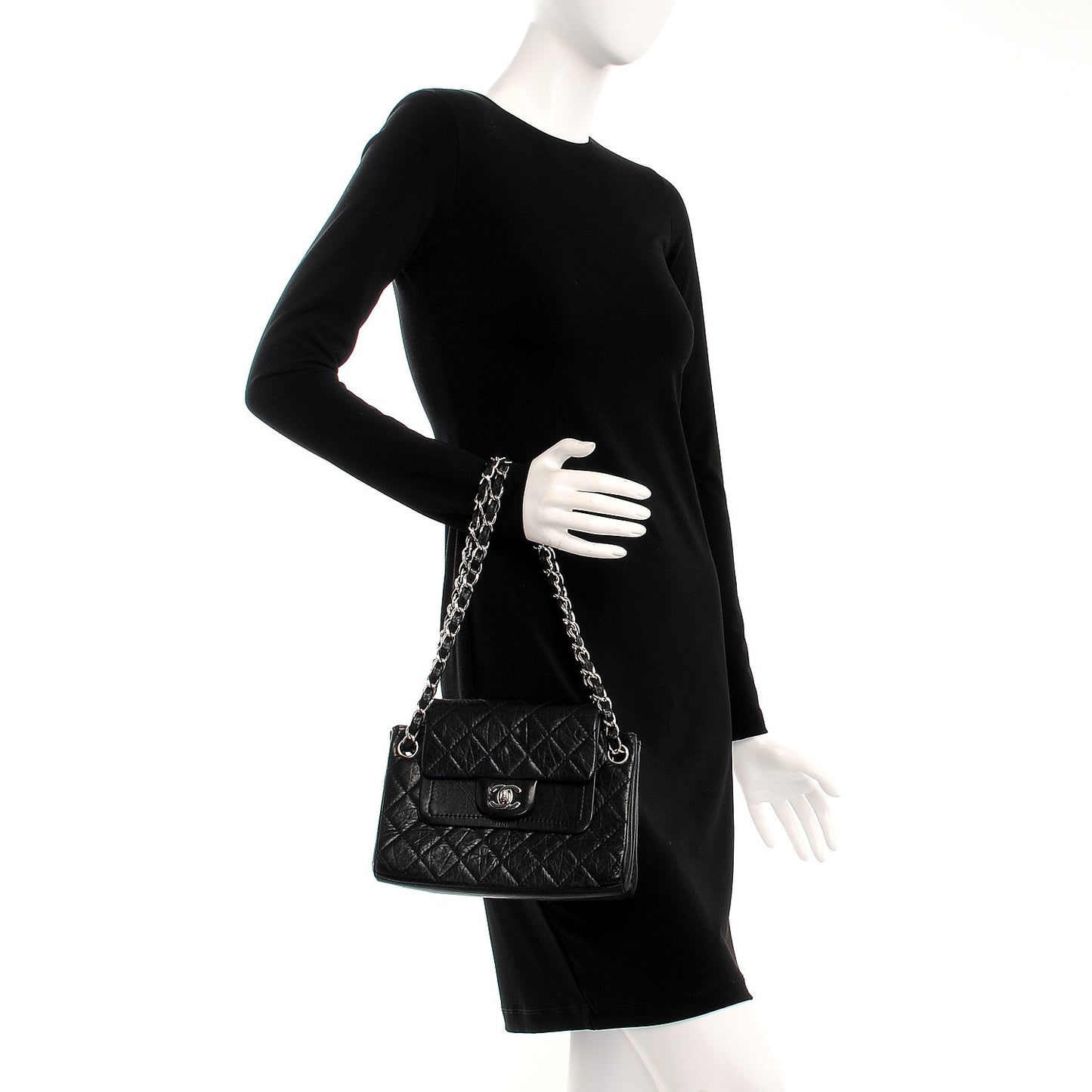Aged Calfskin Quilted Accordion Double Flap Black
