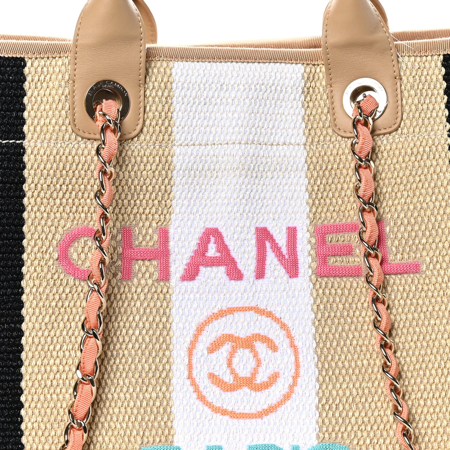 Straw Raffia Calfskin Striped Medium Deauville Tote Black Beige Ivory