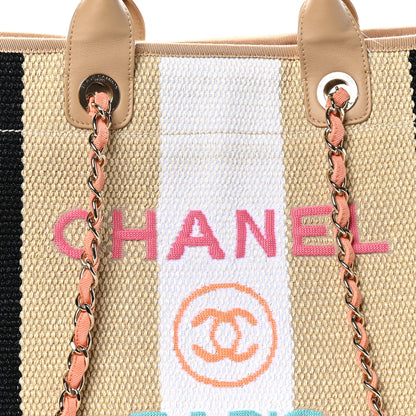 Chanel Straw Raffia Calfskin Striped Medium Deauville Tote Black Beige Ivory 8 of 12