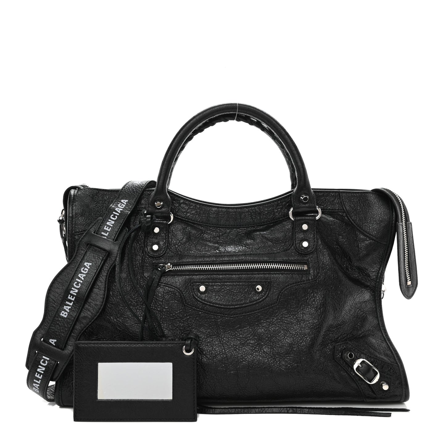 Agneau Classic Silver Hardware City Logo Strap Black White