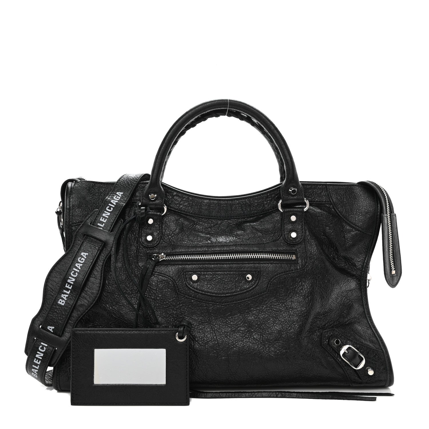 Balenciaga Agneau Classic Silver Hardware City Logo Strap Black White 1 of 9