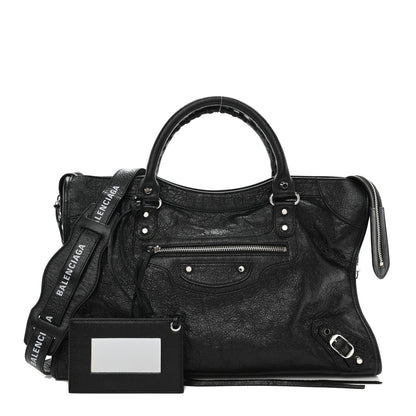 Balenciaga Agneau Classic Silver Hardware City Logo Strap Black White 1 of 9