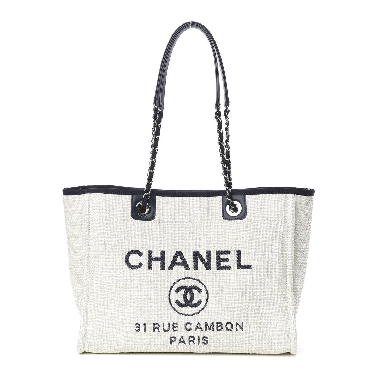 Woven Straw Raffia Small Deauville Tote White Navy