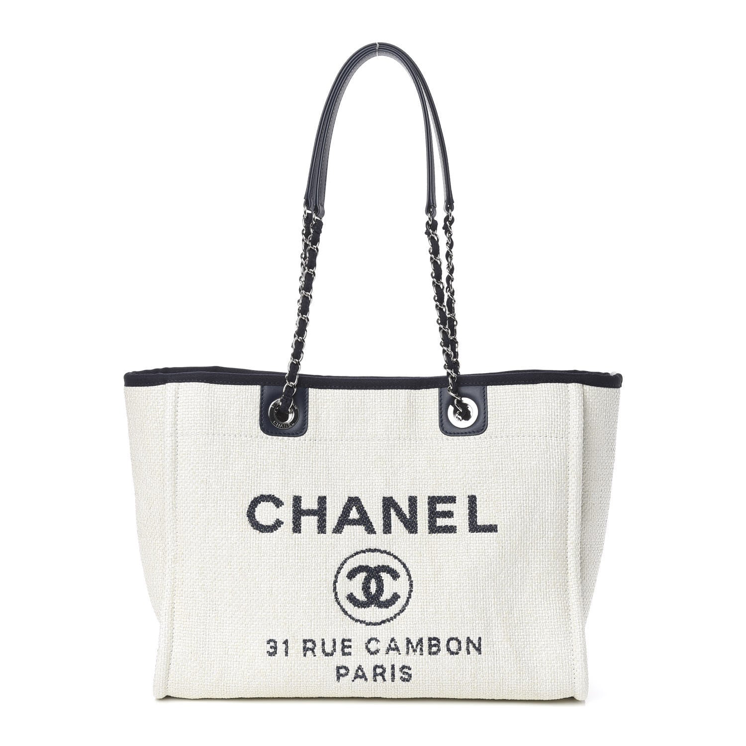 Chanel Woven Straw Raffia Small Deauville Tote White Navy 1 of 10