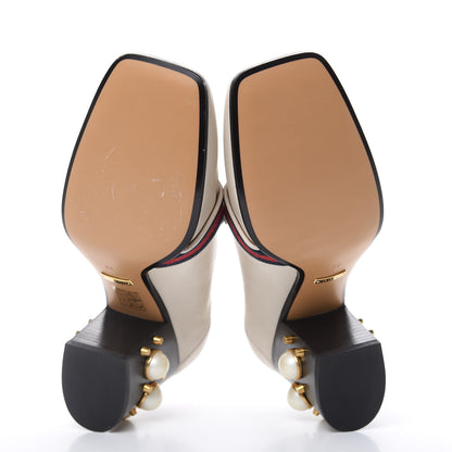 Gucci Betis Glamour Calfskin Web Pearl Embellished Peyton 75mm Loafer Pumps 39 Mystic White 5 of 10